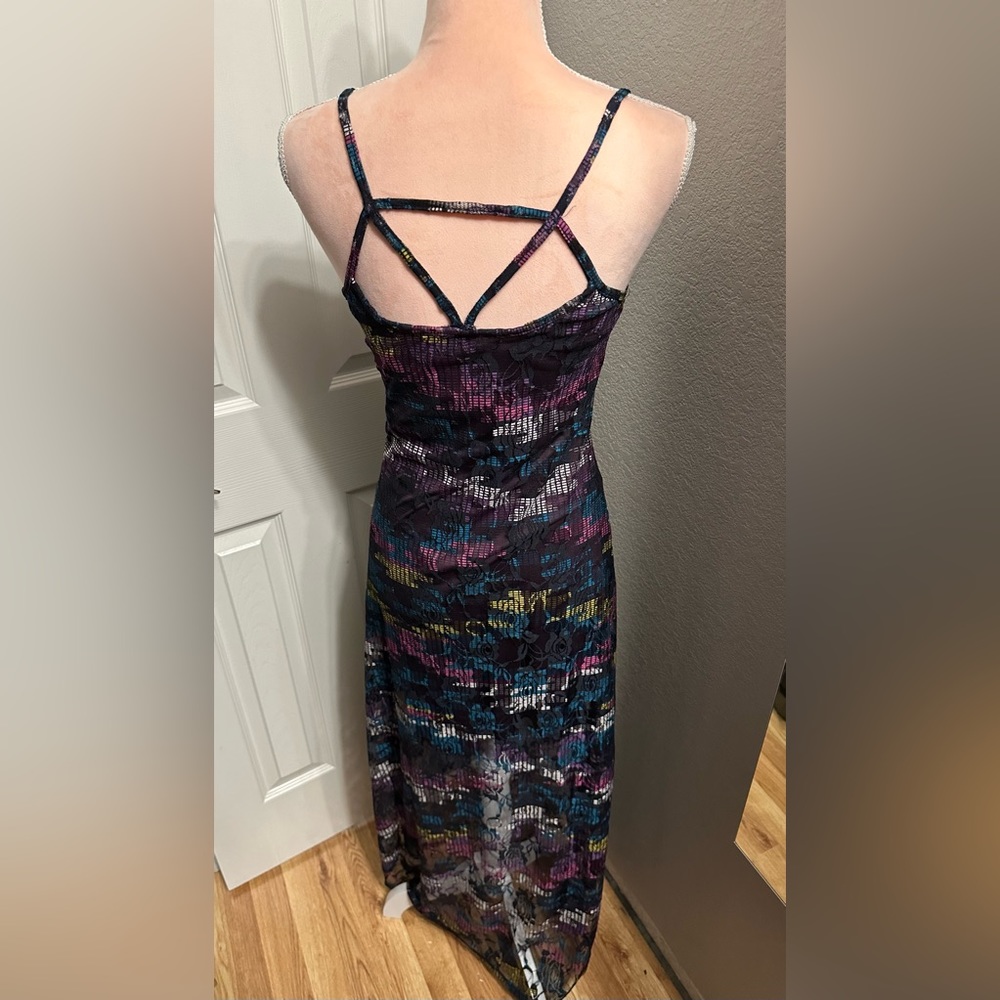 VINTAGE 90s Y2K Digital Print Stretch Mesh Maxi Dress With Strappy Back - Picture 6 of 11